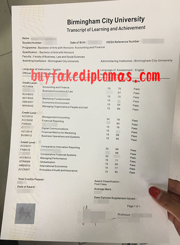 Birmingham City University Transcript, Buy Fake Birmingham City University Transcript