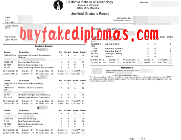 California Institute of Technology Transcript, Buy Fake California Institute of Technology Transcript