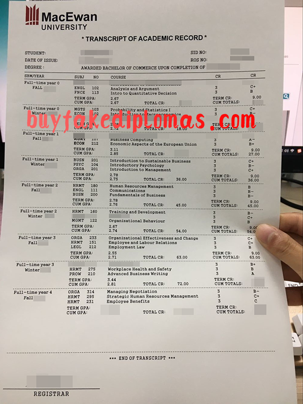 Grant Macewan Transcript, Buy Fake Grant Macewan Transcript