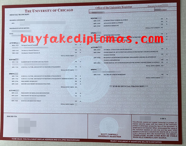 The University of Chicago Transcript, Buy Fake The University of Chicago Transcript