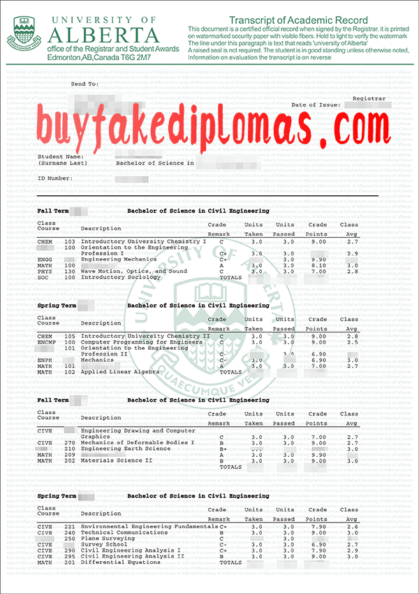 University of Alberta Transcript, Buy Fake University of Alberta Transcript