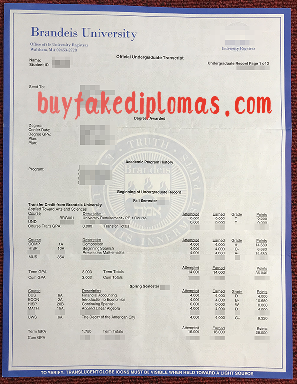Brandeis University Transcript, Buy Fake Brandeis University Transcript