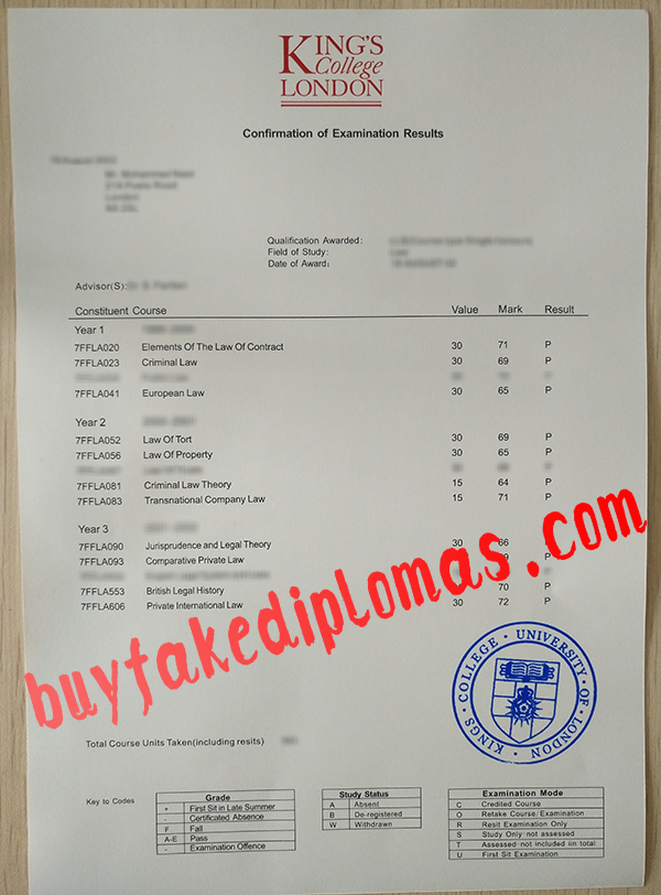 King's College London Transcript, Buy Fake King's College London Transcript
