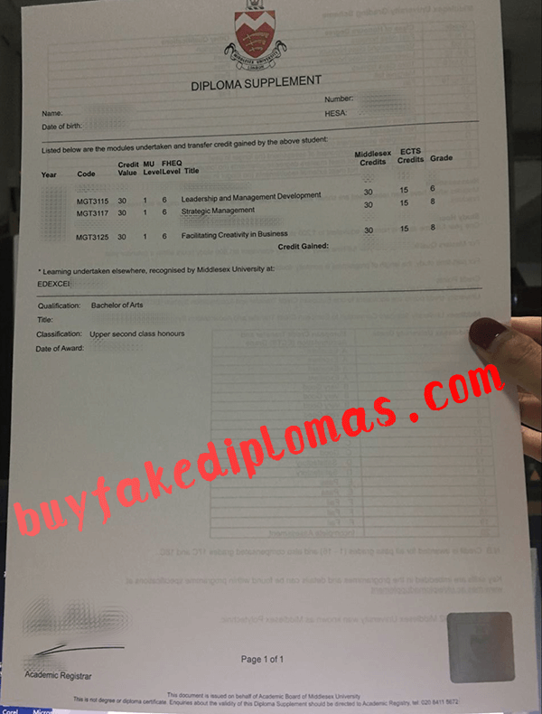 Middlesex University Transcript, Buy Fake Middlesex University Transcript