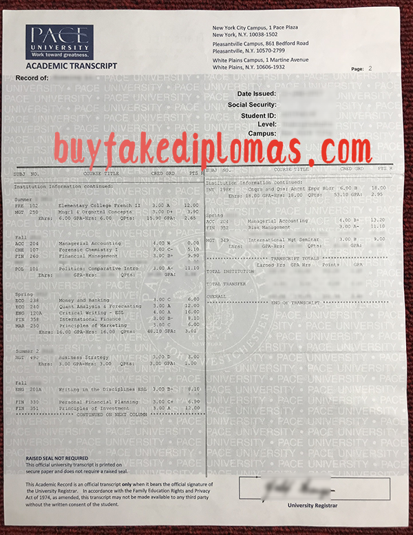 Pace University Transcript, Buy fake Pace University Transcript