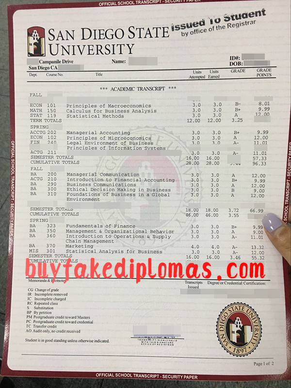San Diego State University Transcript, Buy Fake San Diego State University Transcript