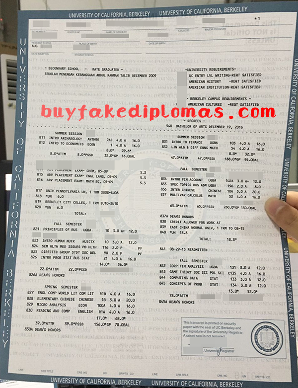 University of California-Berkeley Transcript, Buy Fake University of California-Berkeley Transcript