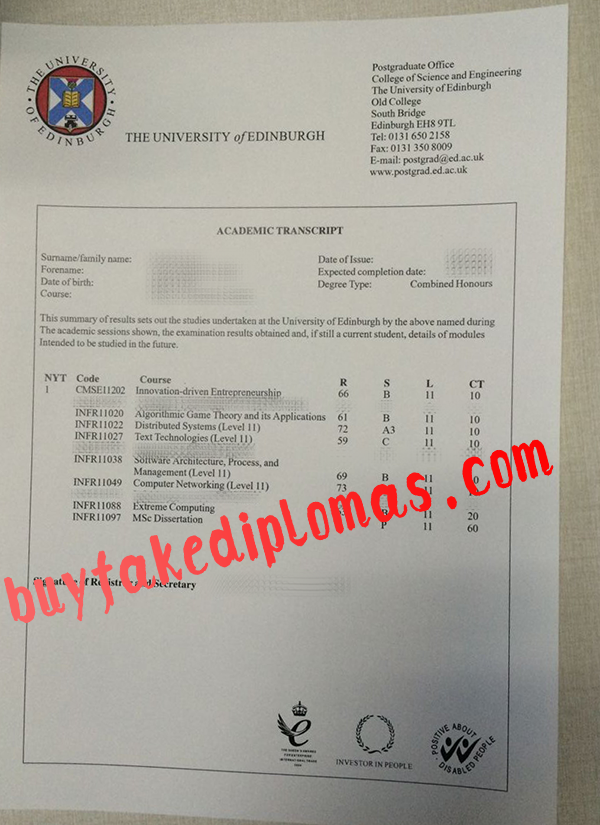 University of Edinburgh Transcript, Buy Fake University of Edinburgh Transcript