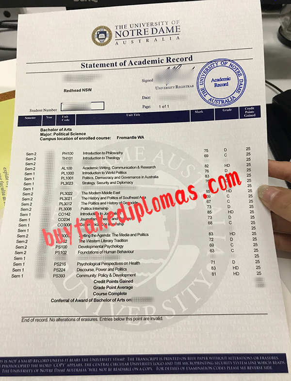University of Notre Dame Australia Transcript, Buy Fake University of Notre Dame Australia Transcript