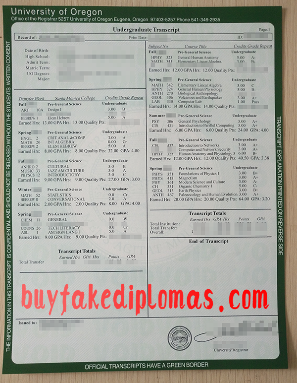University of Oregon Transcript, Buy Fake University of Oregon Transcript