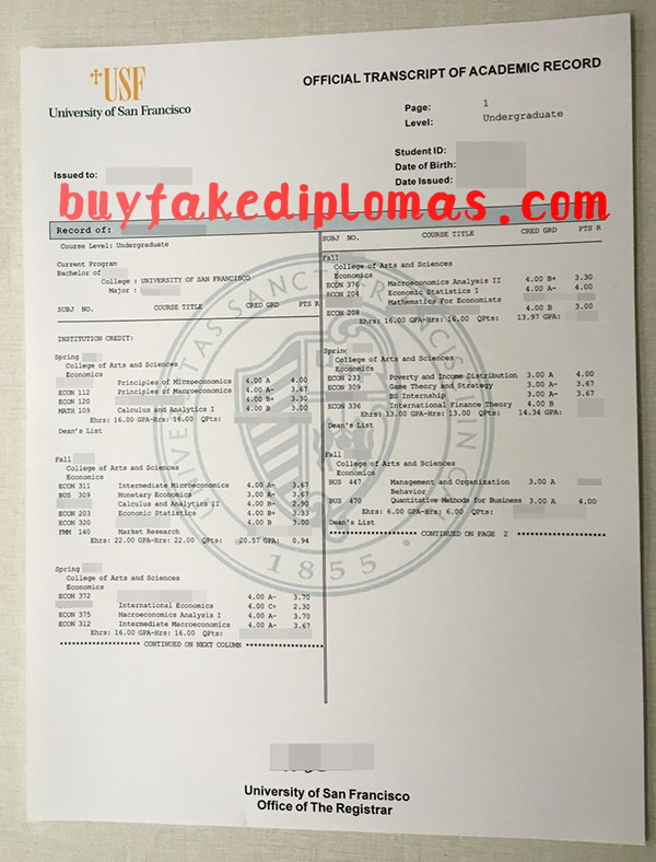 University of San Francisco Transcript, Buy Fake University of San Francisco Transcript