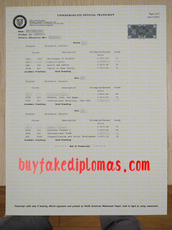 University of Waterloo Transcript, Buy Fake University of Waterloo Transcript
