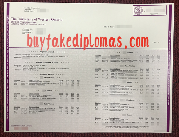 University of Western Ontario Transcript, Buy Fake University of Western Ontario Transcript