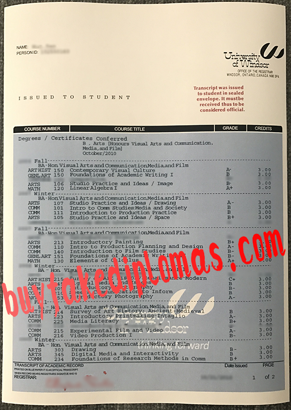 Fake University of Windsor Transcript