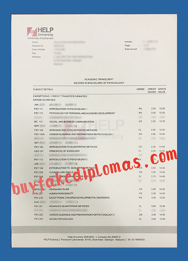 HELP University Transcript, Fake HELP University Transcript