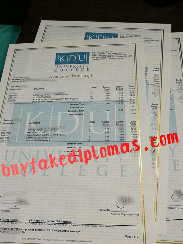 KDU University College Transcript, Buy Fake KDU University College Transcript