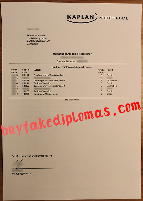 Kaplan Professional Transcript, Buy Fake Kaplan Professional Transcript