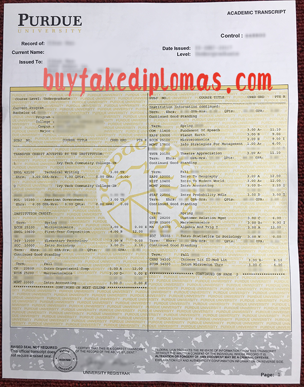 Purdue University Transcript, Buy Fake Purdue University Transcript