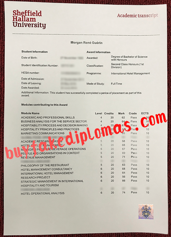 Sheffield Hallam University Transcript, Buy Fake Sheffield Hallam University Transcript