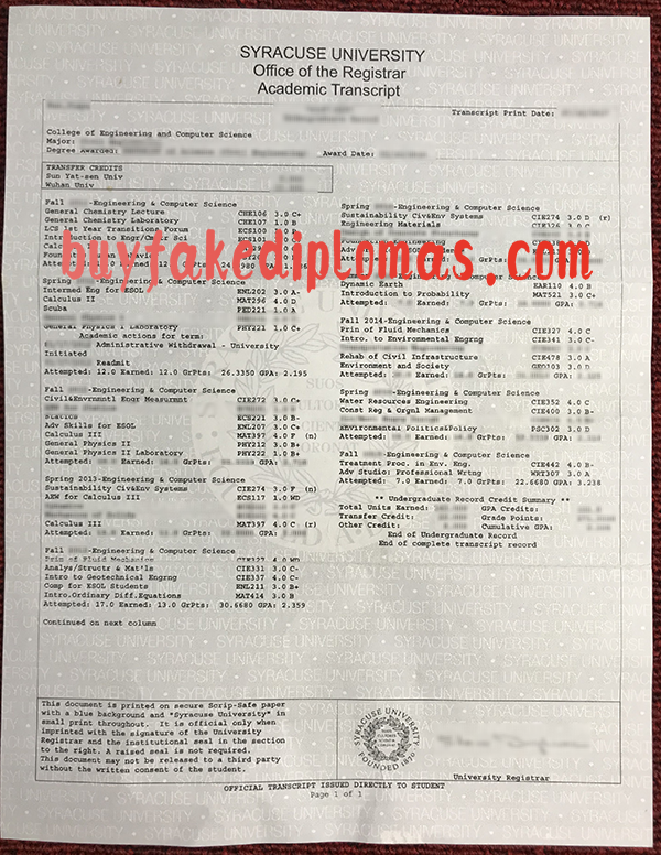 Syracuse University Transcript, Buy Fake Syracuse University Transcript