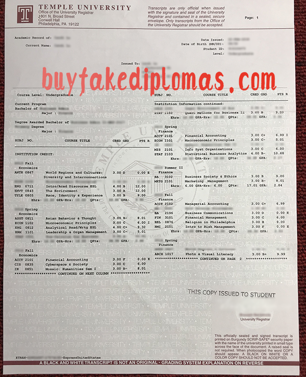 Temple University Transcript, Buy Fake Temple University Transcript
