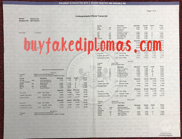 The Pennsylvania State University Transcript, Buy Fake The Pennsylvania State University Transcript