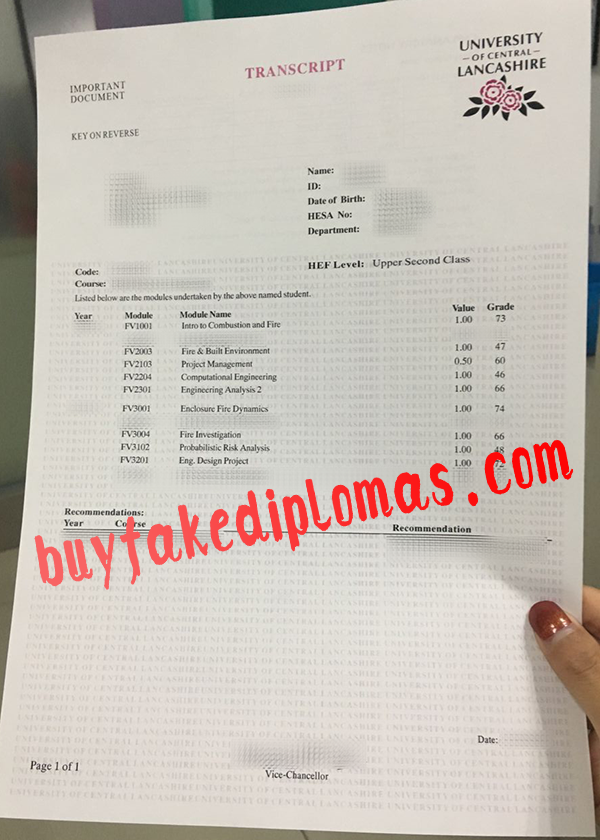 University of Central Lancashire Transcript, Buy Fake University of Central Lancashire Transcript