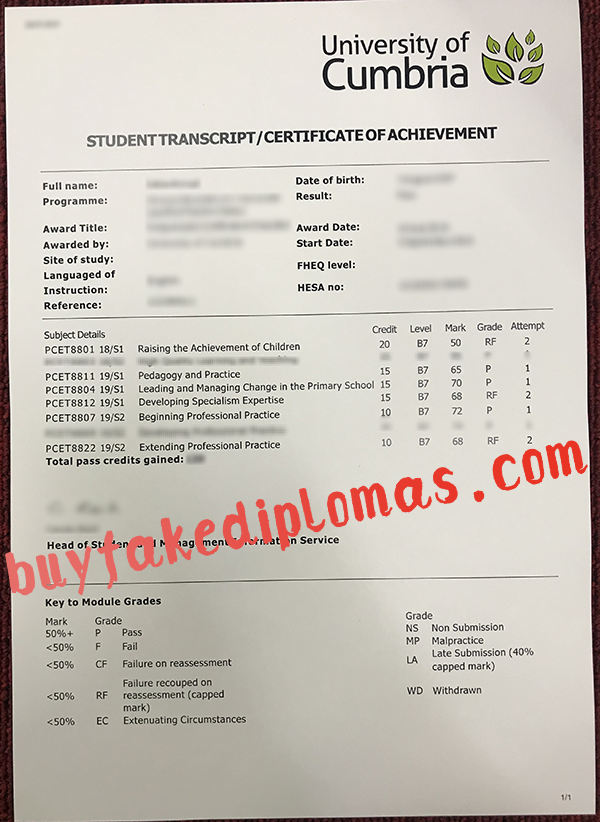 University of Cumbria Transcript, Buy Fake University of Cumbria Transcript