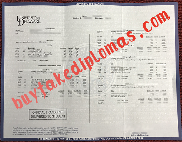 University of Delaware Transcript, Buy Fake University of Delaware Transcript