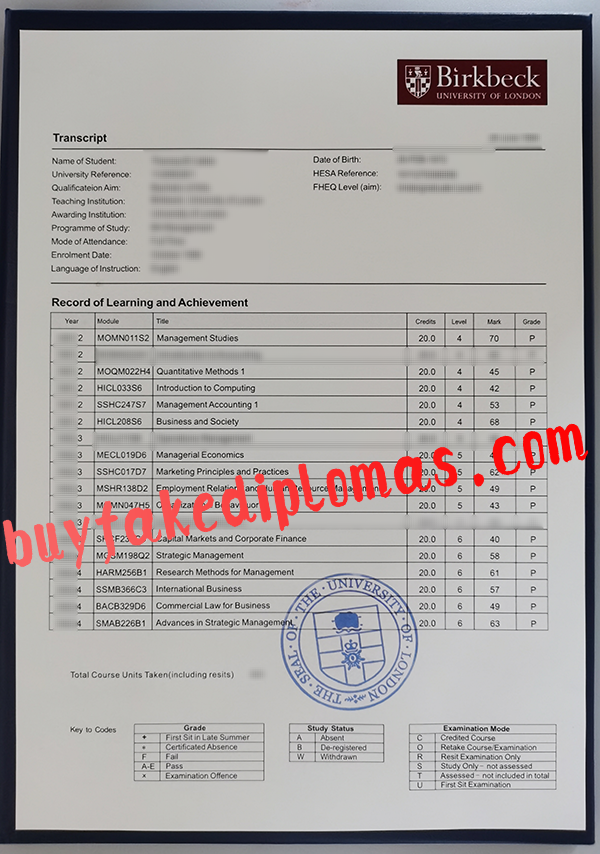 University of London Birkbeck College Transcript, Buy Fake University of London Birkbeck College Transcript
