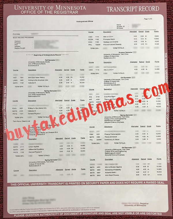 University of Minnesota Transcript, Buy Fake University of Minnesota Transcript