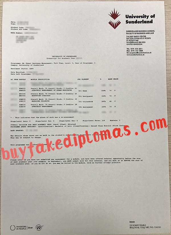 University of Sunderland Transcript, Buy Fake University of Sunderland Transcript