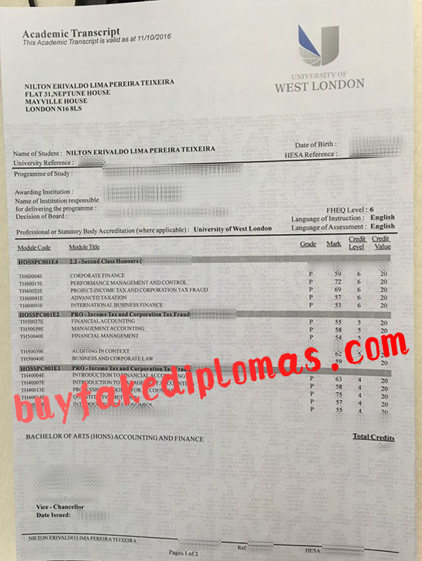 University of West London Transcript, Buy Fake University of West London Transcript