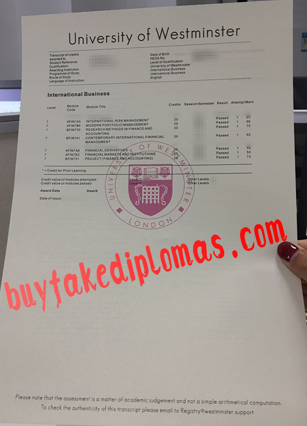 University of Westminster Transcript, Buy Fake University of Westminster Transcript