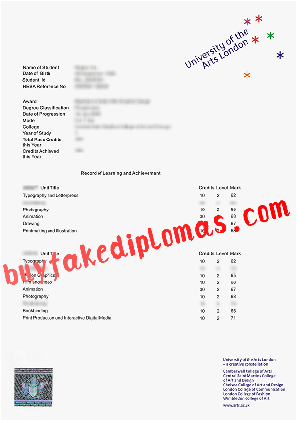 University of the Arts London Transcript, Buy Fake University of the Arts London Transcript