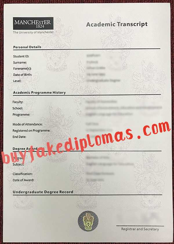 University of Manchester Transcript, Buy Fake University of Manchester Transcript