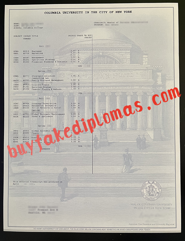 Columbia University in The City of New York Transcript, buy fake Columbia University in The City of New York Transcript
