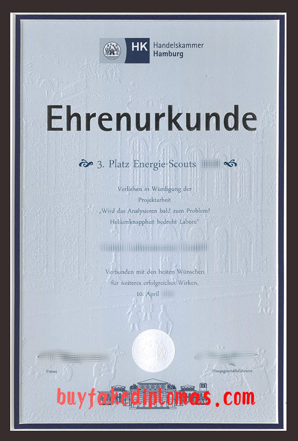 Handelskammer Hamburg Ehrenurkunde, Buy Fake Handelskammer Hamburg Ehrenurkunde