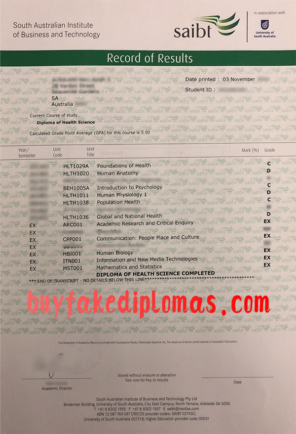 South Australian Institute of Business and Technology Transcript, Fake South Australian Institute of Business and Technology Transcript