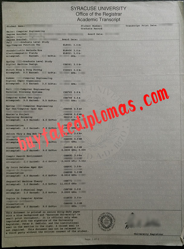 Fake Syracuse University Transcript