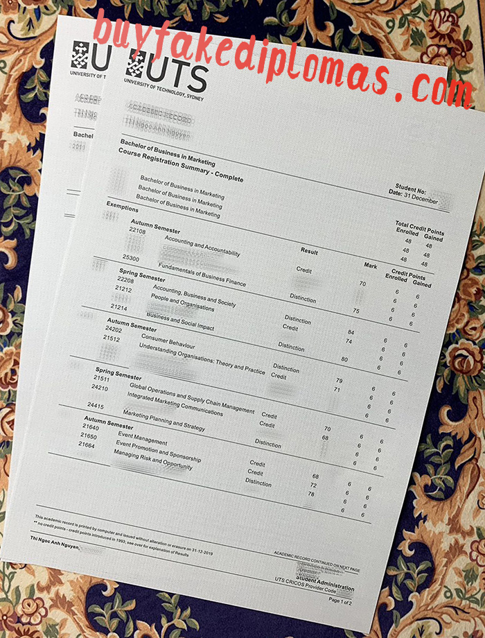 Fake University of Technology Sydney Transcript