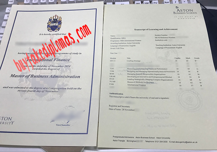 Aston Business School fake MBA degree and transcript