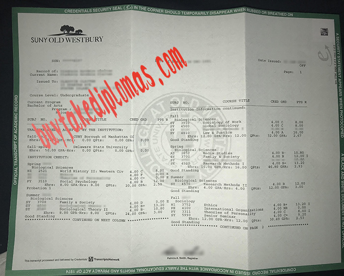 State University of New York College at Old Westbury fake transcript