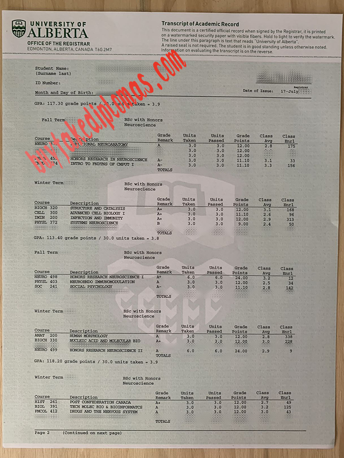 University of Alberta fake transcript
