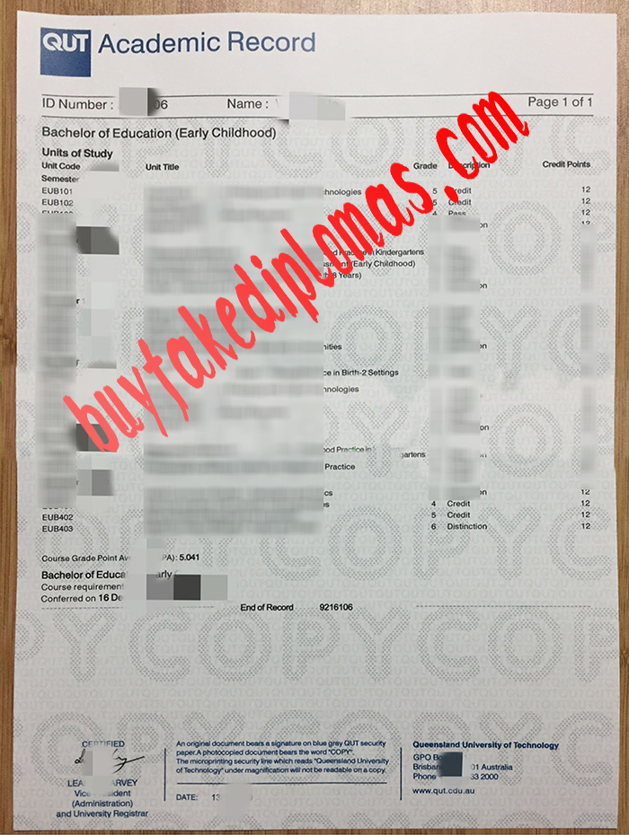 Queensland University of Technology fake transcript